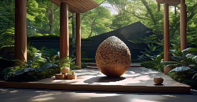 A beautiful forest scene featuring a modern Indigenous sculpture made of wood and stone, intricately carved with traditional symbols, illuminated by soft sunlight.