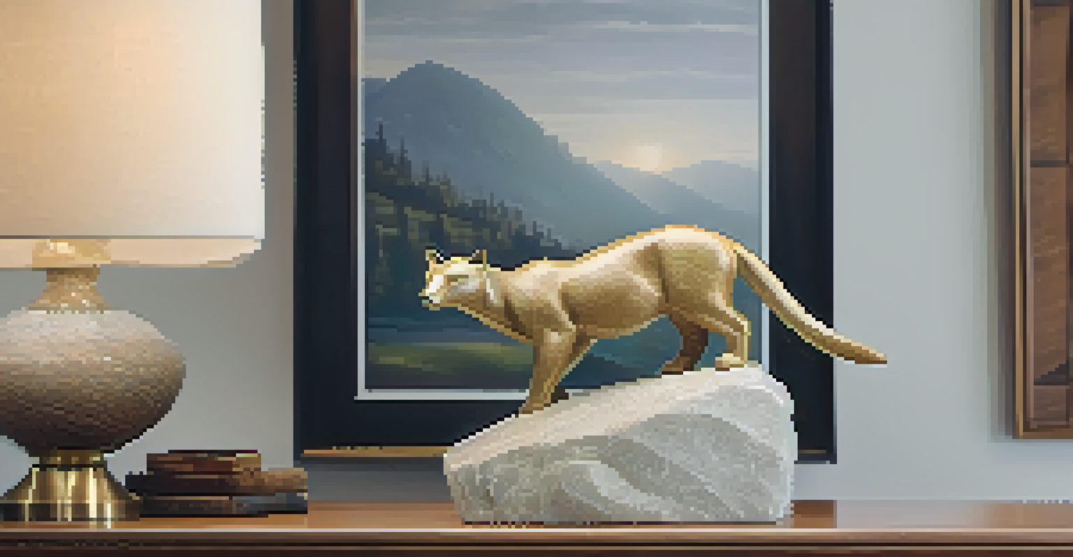 A polished stone animal sculpture on a pedestal in a cozy living room.
