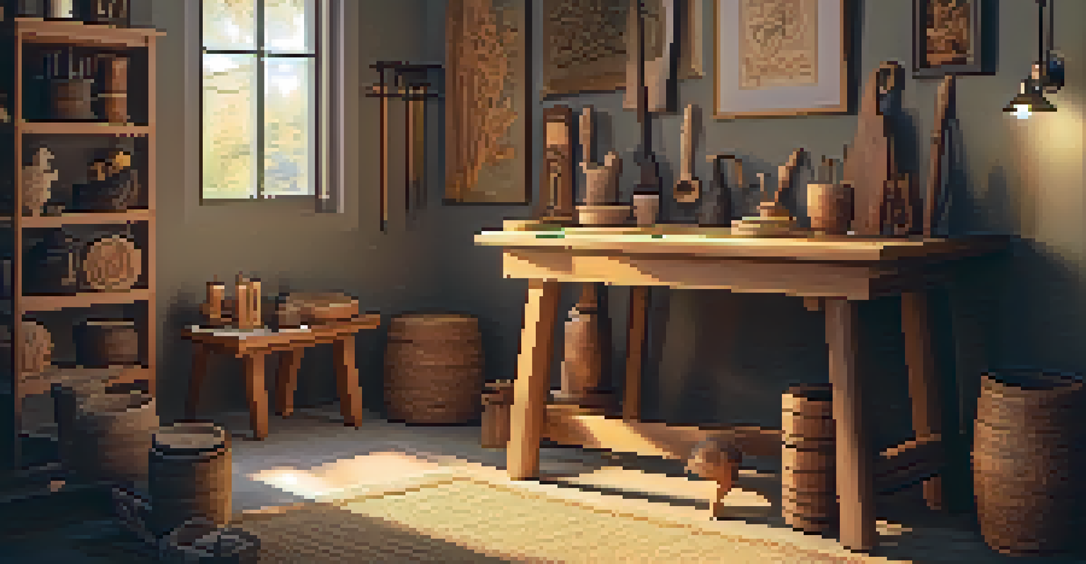 A cozy carving corner with tools, artwork, and warm lighting.