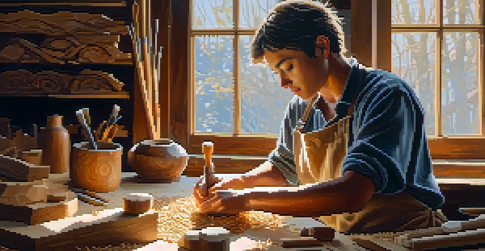 A person carving wood in a sunlit workshop, surrounded by tools and wooden shavings, demonstrating focus and creativity.