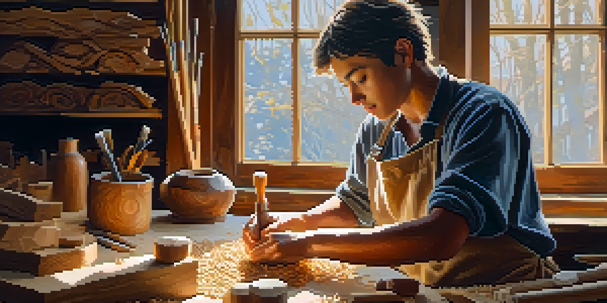 A person carving wood in a sunlit workshop, surrounded by tools and wooden shavings, demonstrating focus and creativity.
