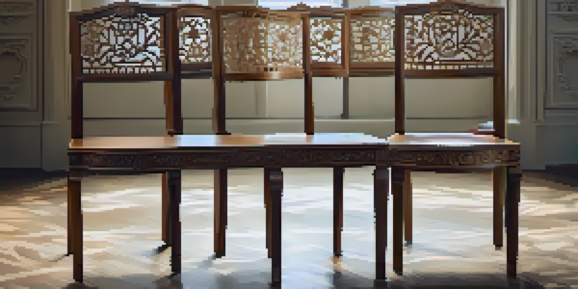 A wooden chair with symmetrical design, featuring floral carvings and soft lighting.