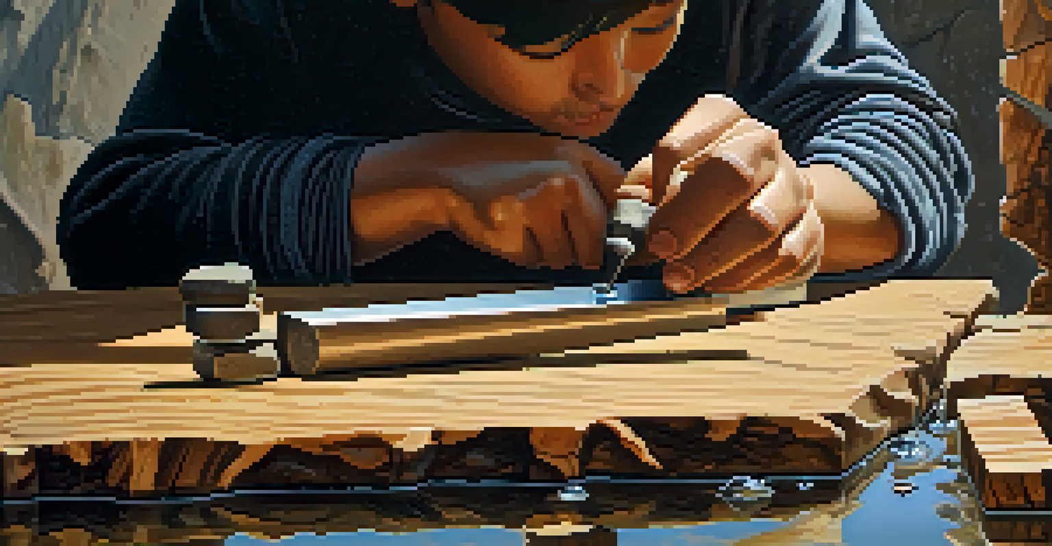 Hands sharpening a carving tool on a water stone, with glistening water droplets and abstract textured background.