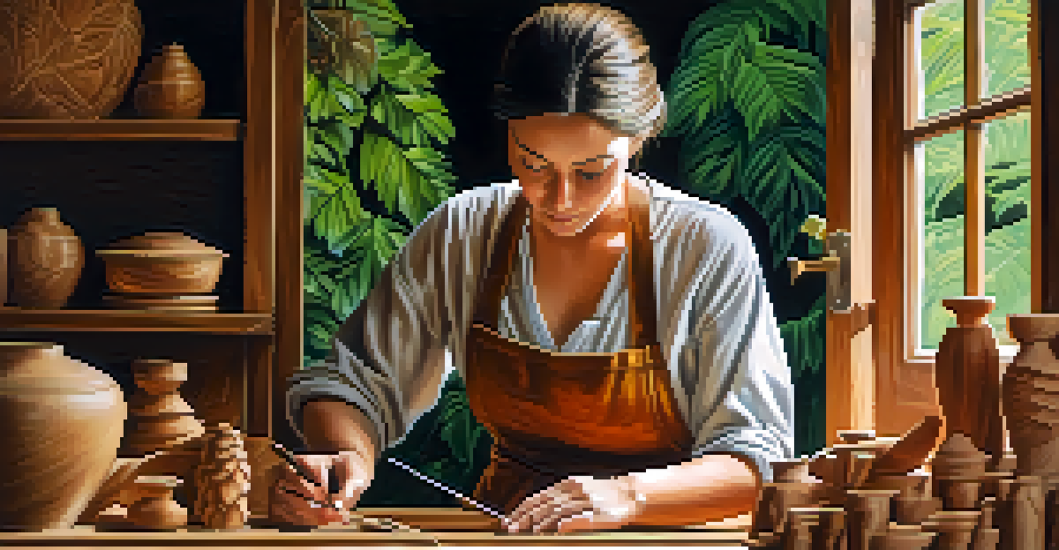 A female wood carver working intently on her craft, with intricately carved pieces and greenery in the background.