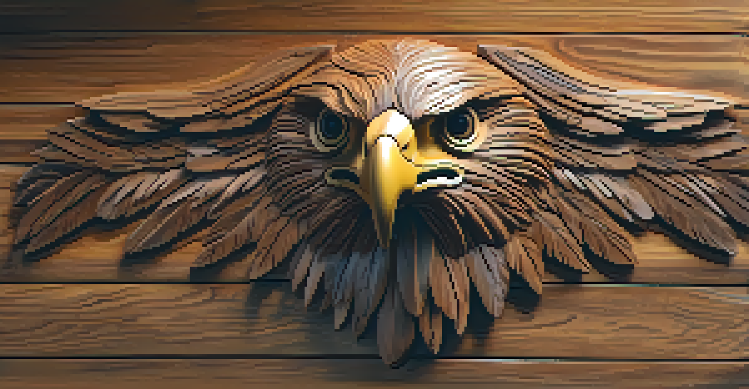 A detailed close-up of a wooden eagle carving, highlighting the intricate feathers and craftsmanship, set against a softly blurred background.