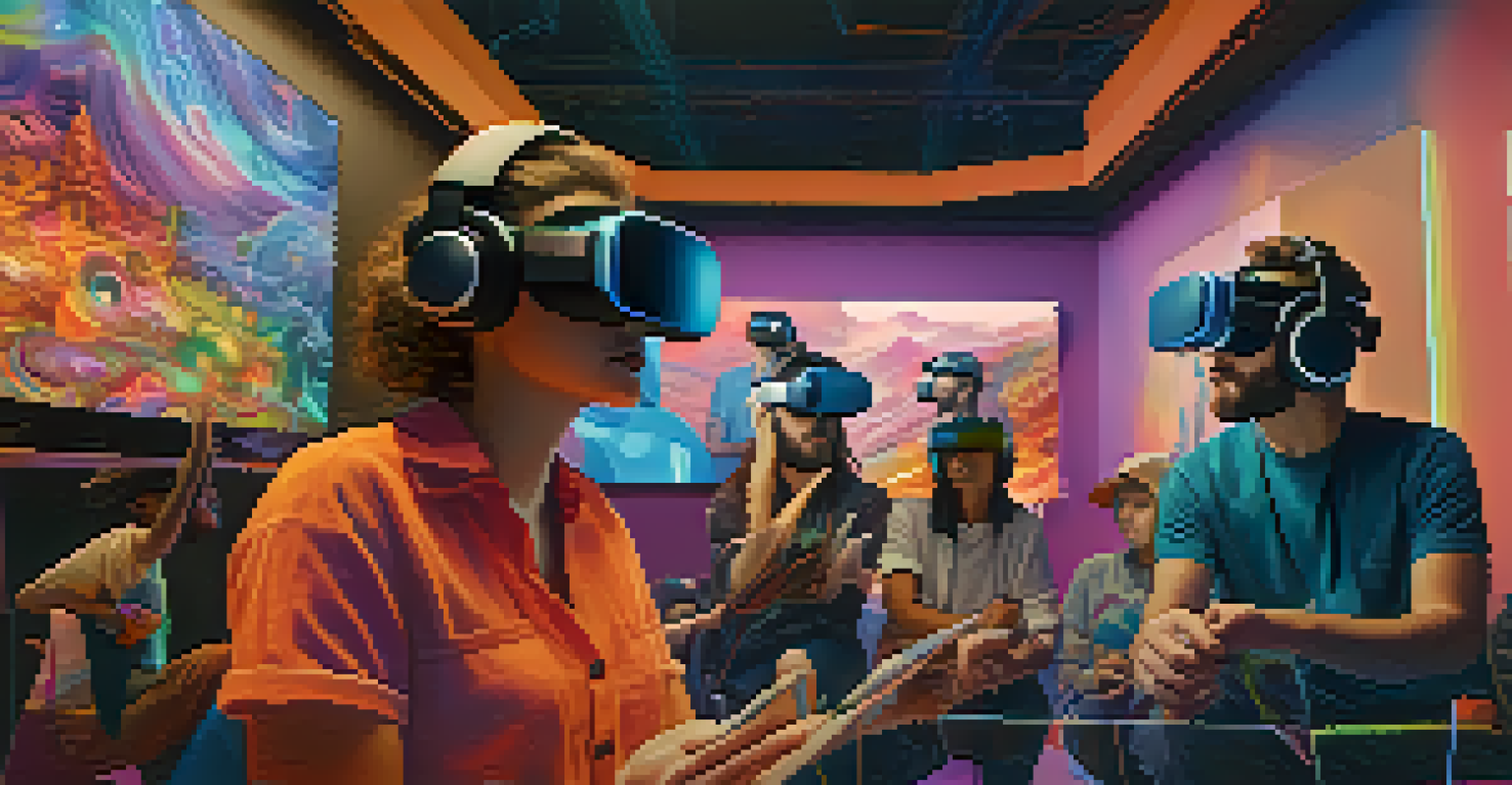 Artists collaborating in a virtual reality space, sharing digital carvings on screens, creating a vibrant and colorful atmosphere.