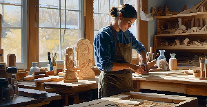 A person focused on carving a wooden sculpture in a well-lit workshop filled with tools and wood shavings.