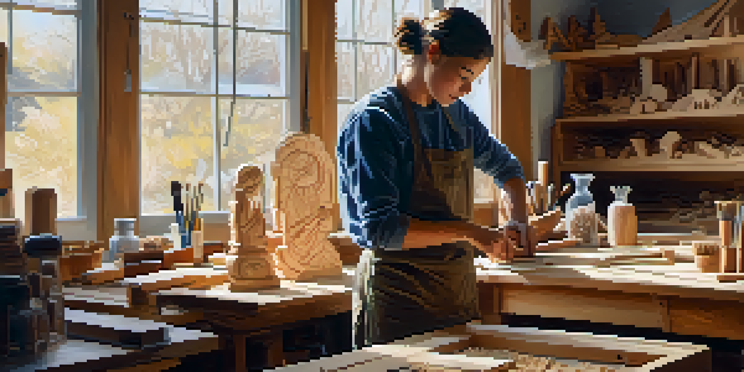A person focused on carving a wooden sculpture in a well-lit workshop filled with tools and wood shavings.