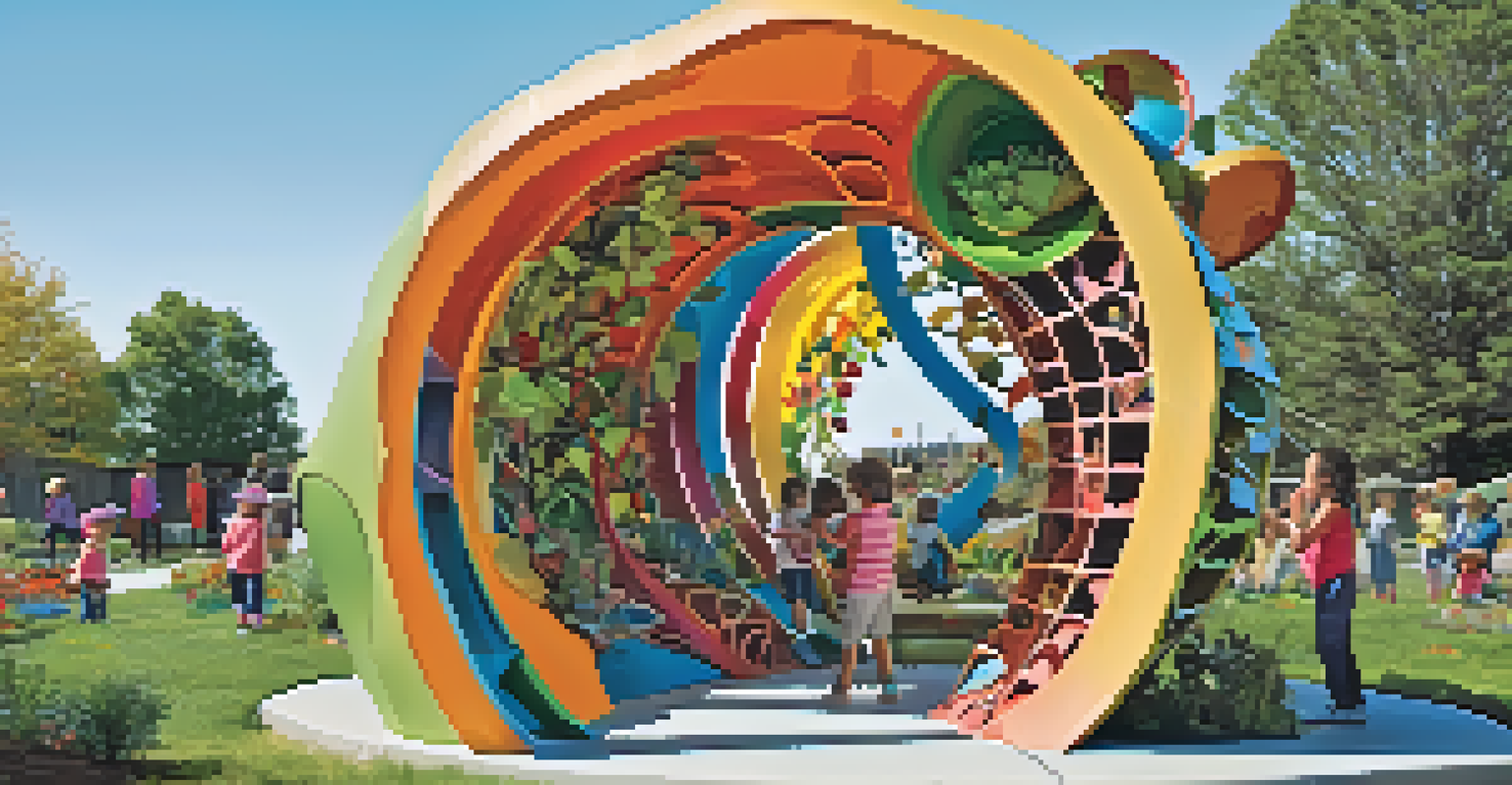 A colorful interactive climbing sculpture in a community garden, surrounded by vibrant plants, with children playing and exploring under a sunny sky.