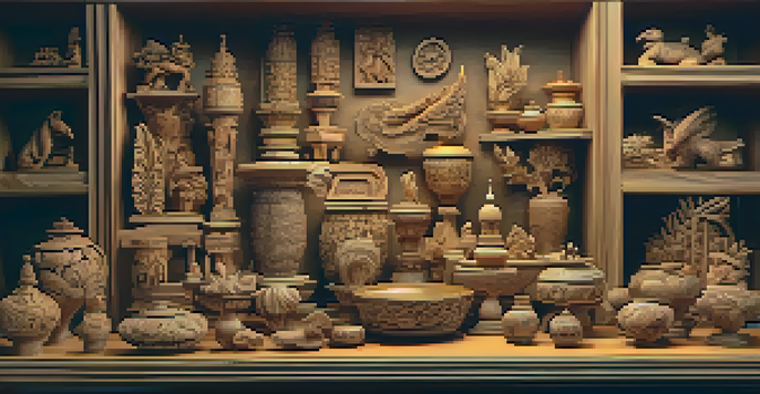 A collection of finely crafted wood carvings displayed in a warm, inviting light, emphasizing their intricate details and natural textures.