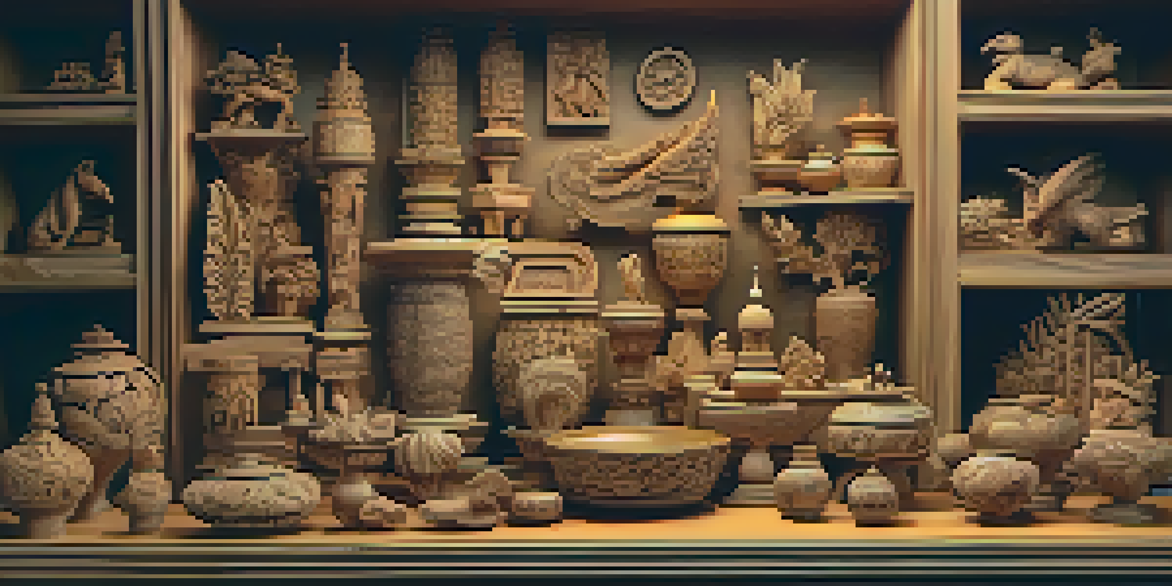A collection of finely crafted wood carvings displayed in a warm, inviting light, emphasizing their intricate details and natural textures.