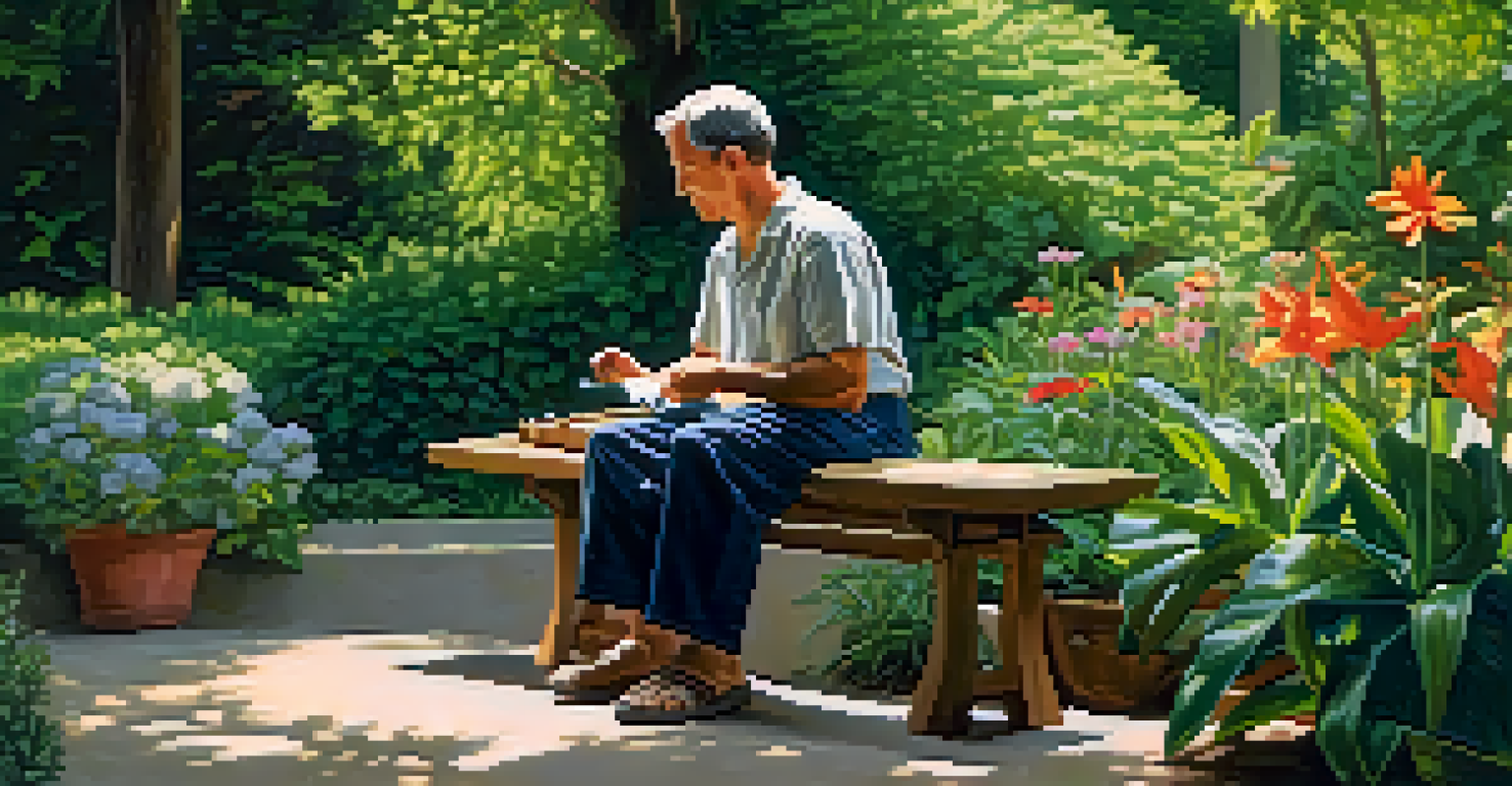 A carver sitting on a bench in a garden, carving wood with a detail knife, surrounded by flowers and greenery.