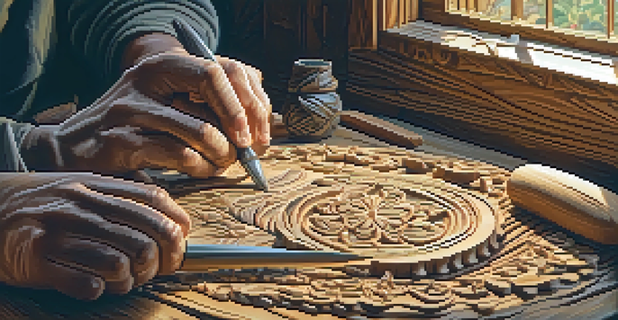 A carver's hands shaping wood with tools and shavings around, illuminated by natural light.