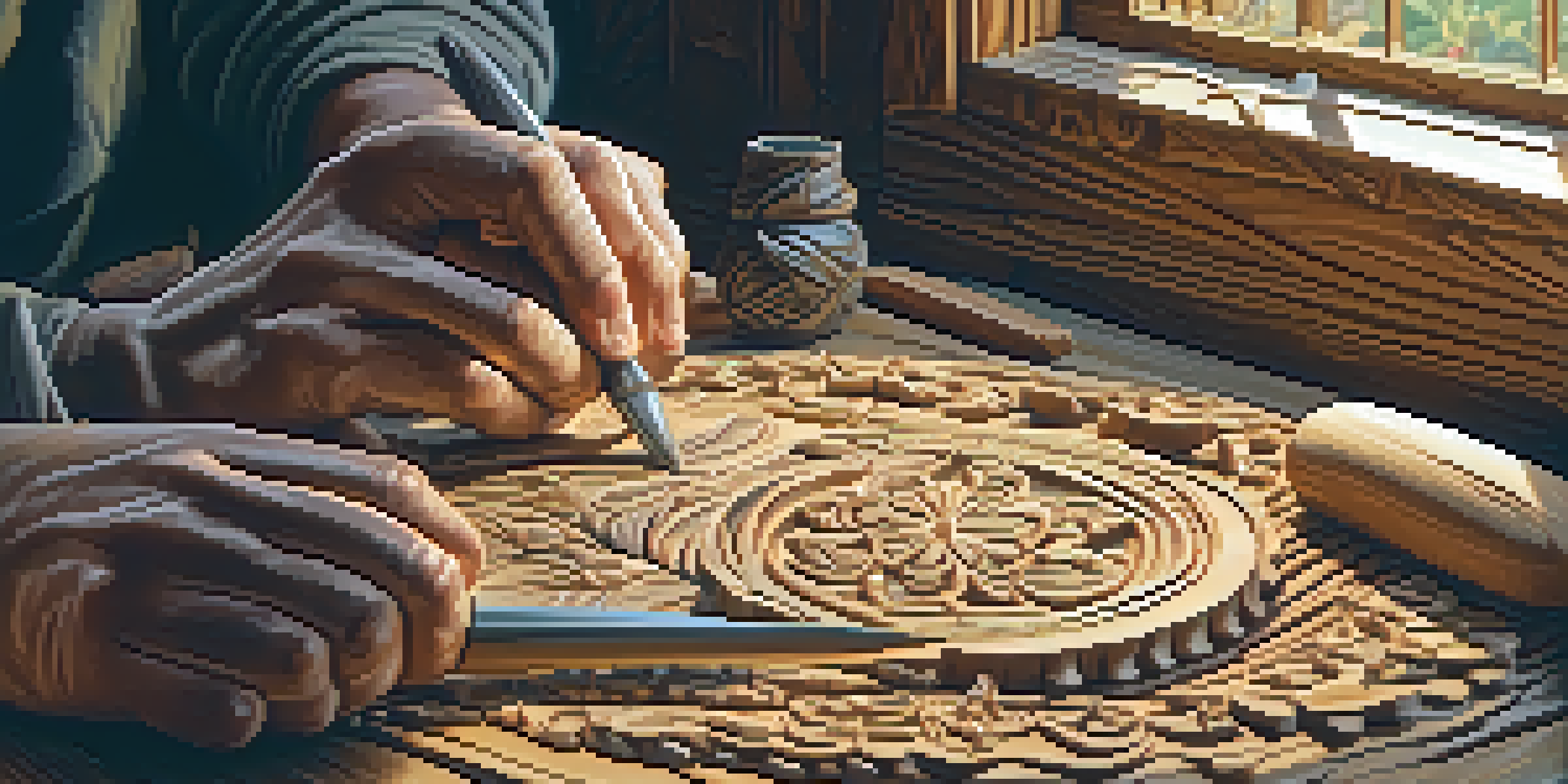 A carver's hands shaping wood with tools and shavings around, illuminated by natural light.
