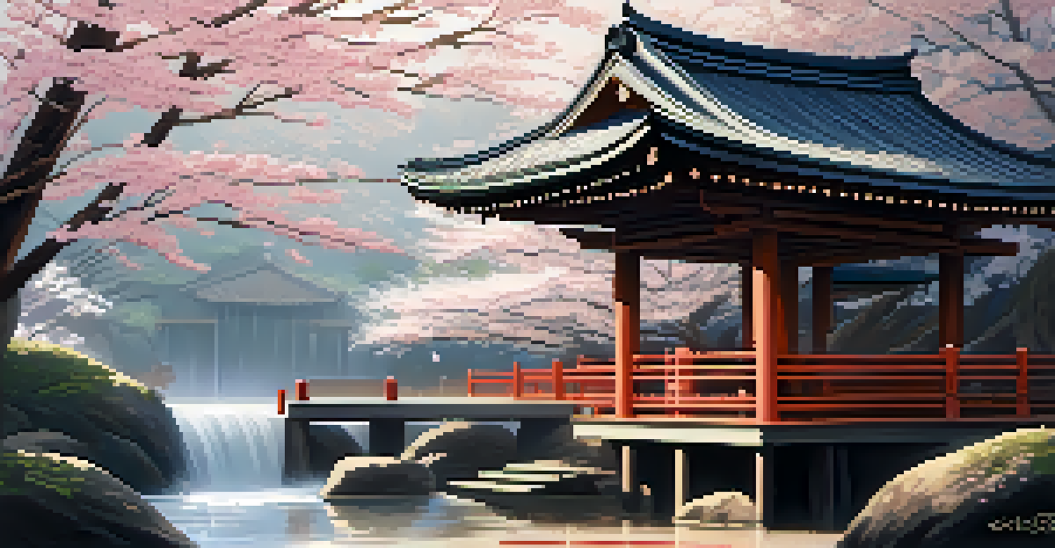 A Japanese wooden shrine with intricate ukiyo-e carvings of cherry blossoms in soft morning light.