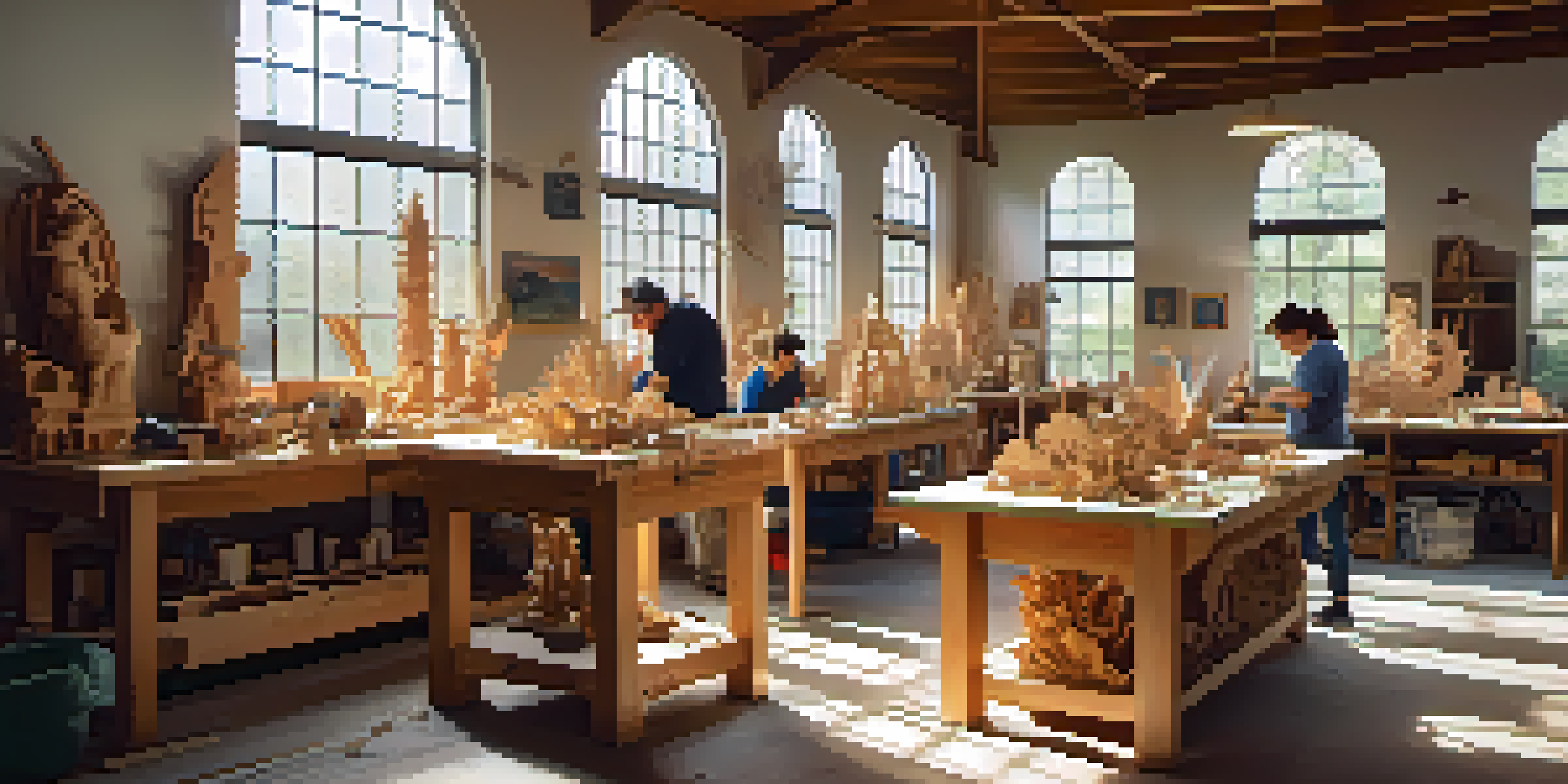A diverse group of people participating in a wood carving workshop, surrounded by tools and wooden sculptures, illuminated by sunlight.