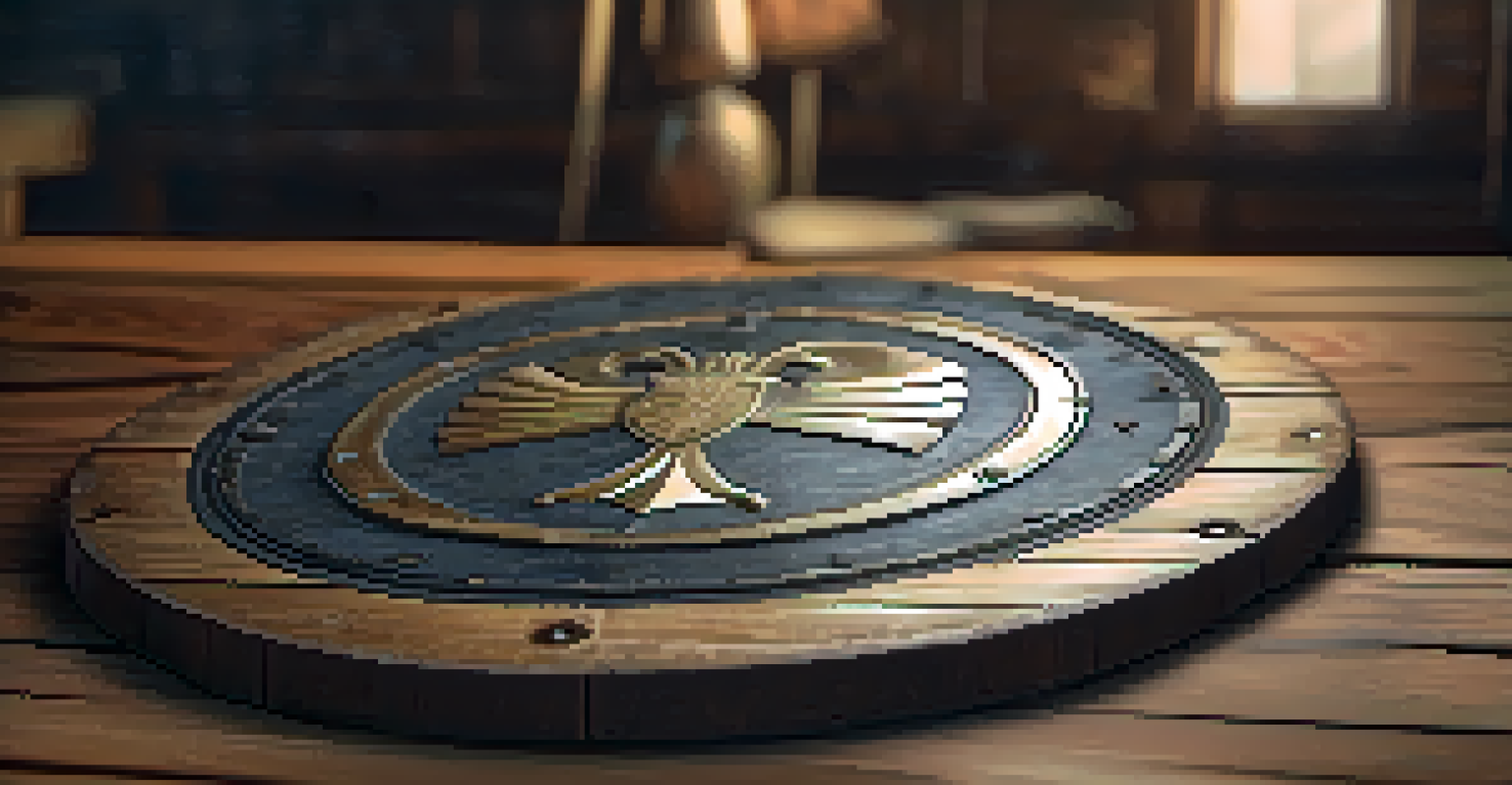 A close-up of a weathered wooden shield with detailed textures, placed on a wooden table with warm lighting.