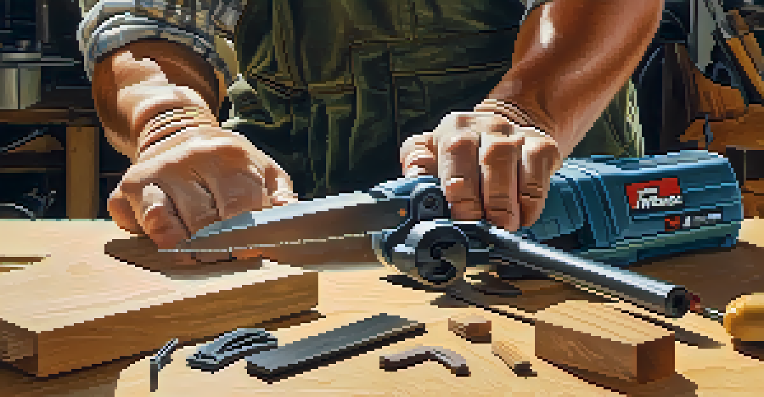A close-up of a woodworker inspecting a power tool, highlighting the blade and power cord, with safety gear visible.