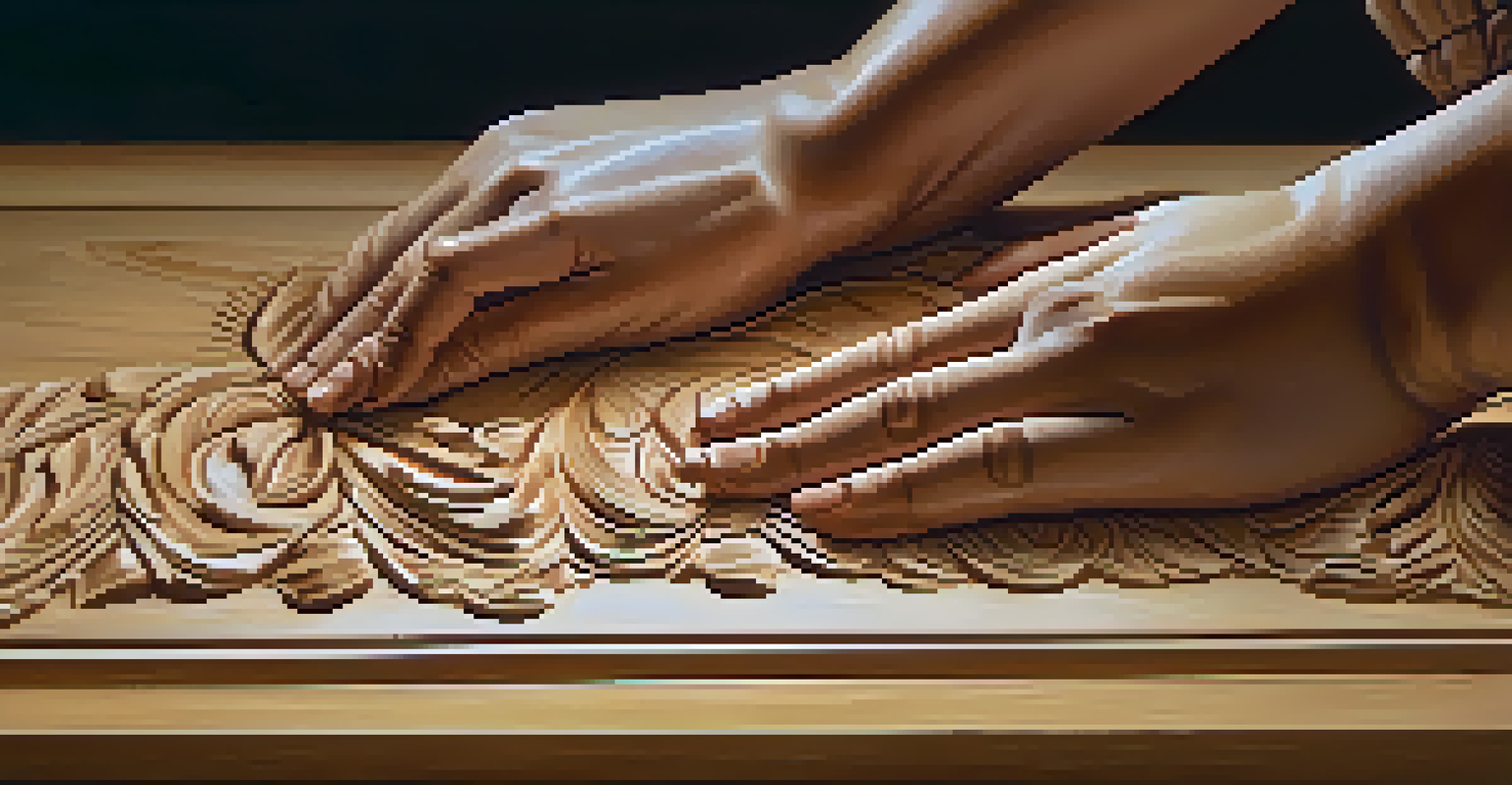 Close-up of hands sanding a carved wooden piece, with focus on the wood grain and polished surface, surrounded by wood shavings.