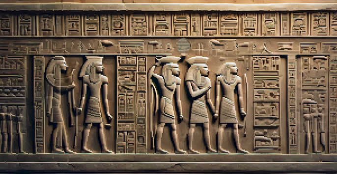 Close-up of an ancient stone carving with hieroglyphs, illuminated by warm light, set against a faint silhouette of an Egyptian temple.