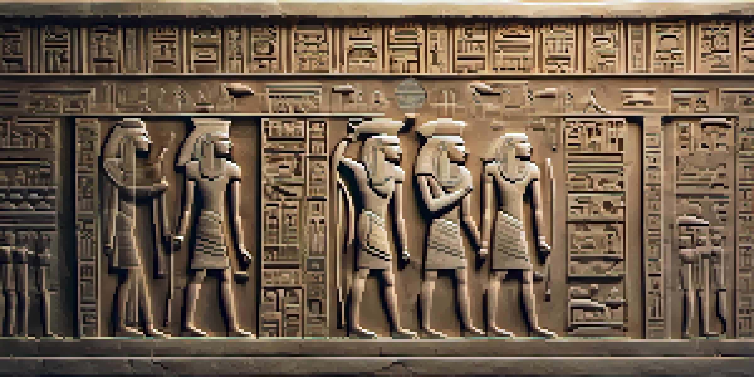 Close-up of an ancient stone carving with hieroglyphs, illuminated by warm light, set against a faint silhouette of an Egyptian temple.