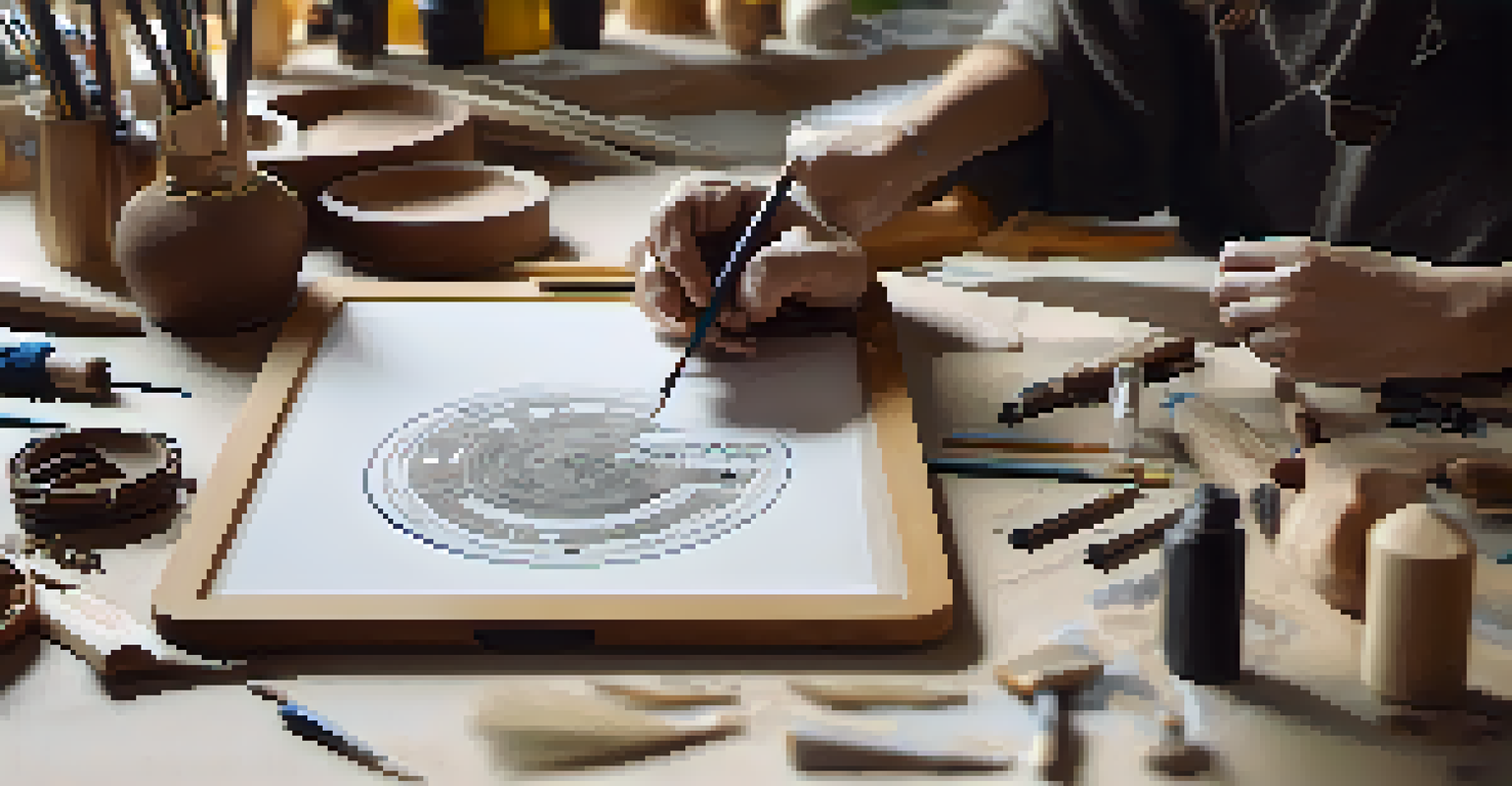 An artist using a tablet for digital carving design, surrounded by hand tools and sketches in a well-lit studio.