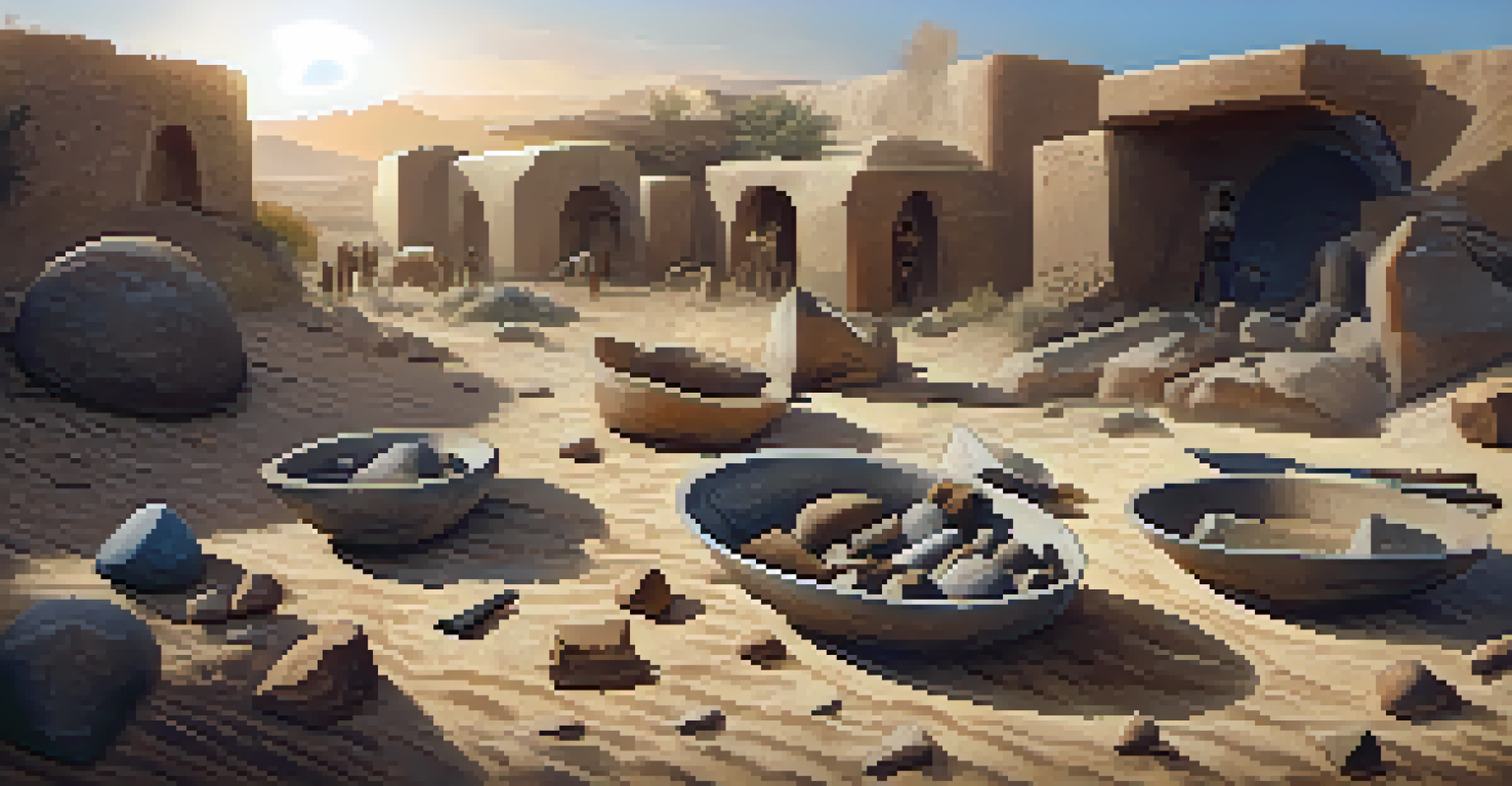 An archaeological site displaying ancient stone tools, with researchers in the background examining the finds.