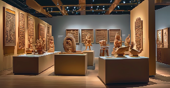A lively carving exhibition with artisans demonstrating their skills, surrounded by wooden sculptures and warm lighting.