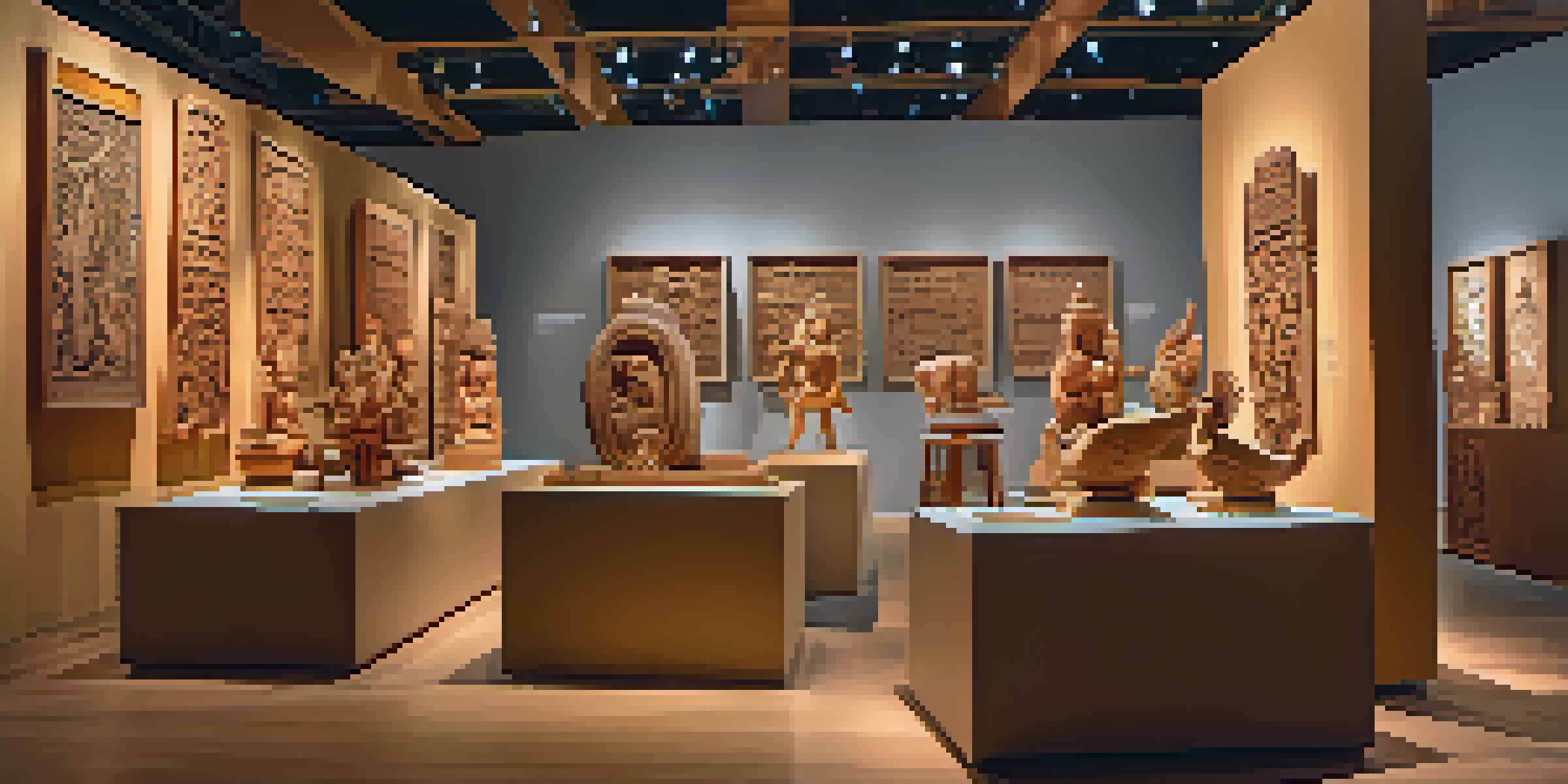 A lively carving exhibition with artisans demonstrating their skills, surrounded by wooden sculptures and warm lighting.