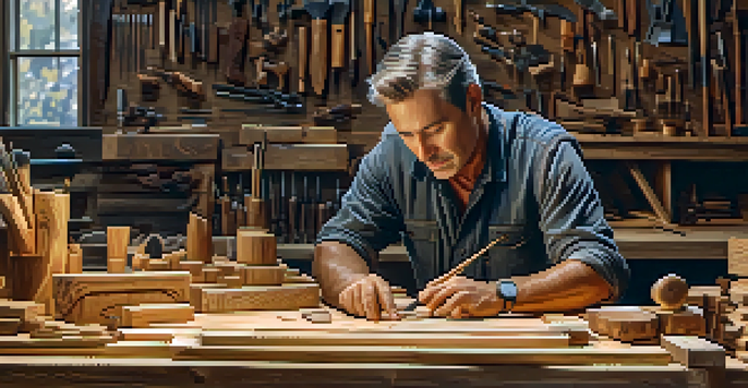 A woodcarver working on a design on reclaimed wood, surrounded by tools and offcuts in a warm, well-lit workshop.