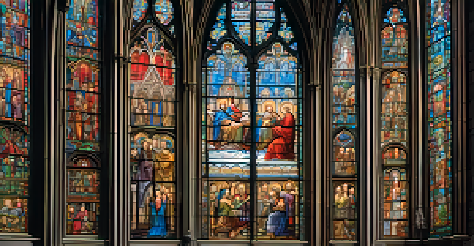 A stone relief in a cathedral depicting biblical scenes, set against a backdrop of Gothic architecture and illuminated by stained glass light.
