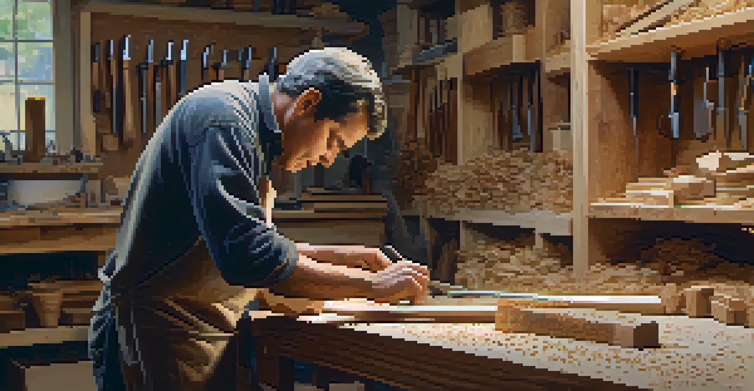 An artisan carving wood in a workshop, with tools and wooden pieces in the background.