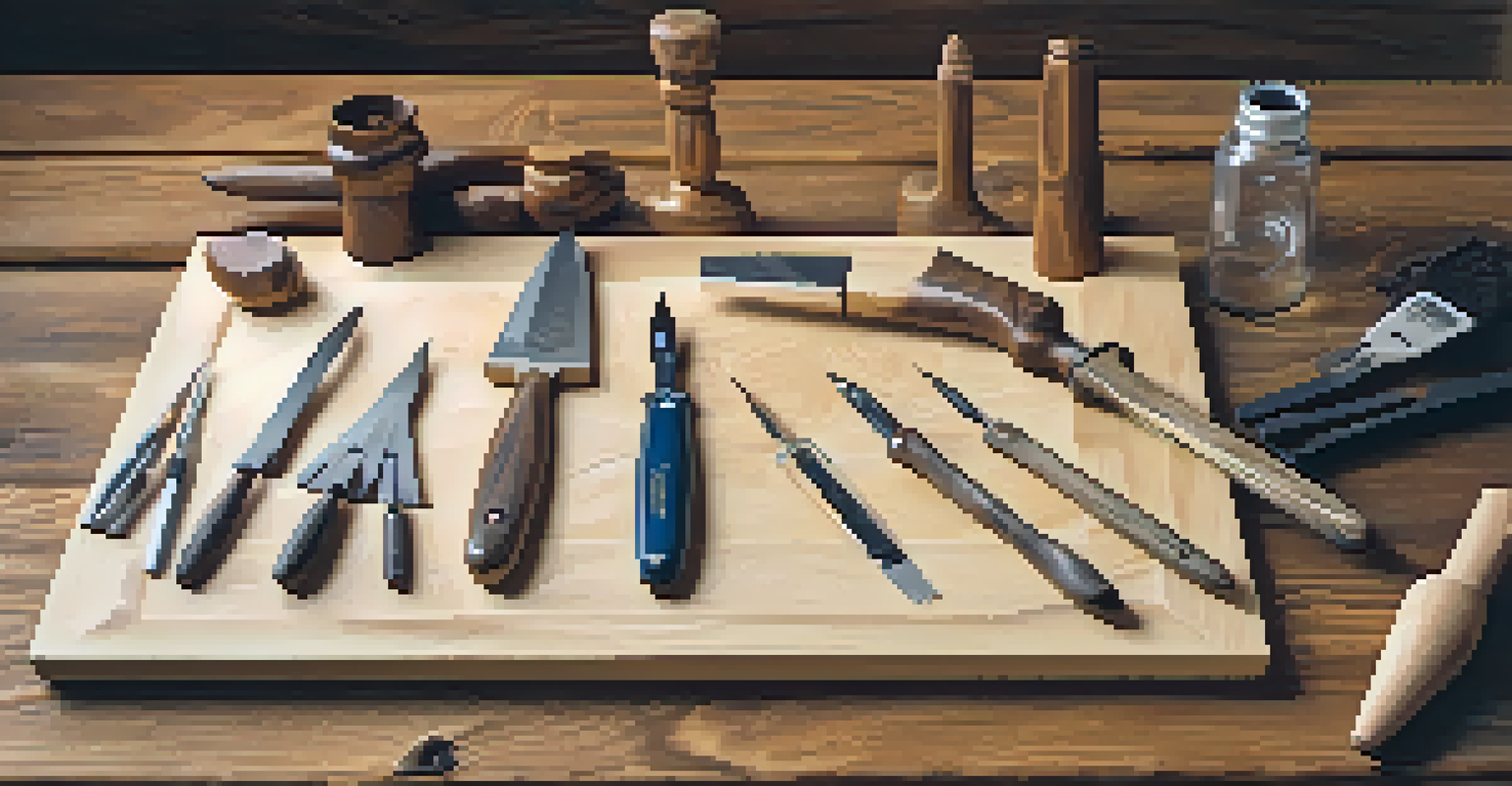 A collection of chip carving tools on a rustic workbench with wood shavings and an intricately carved wood piece in the background.