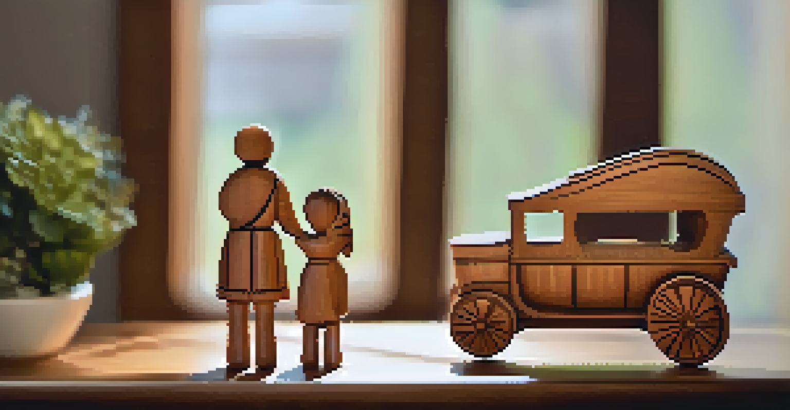 A small wooden figurine depicting a family scene, intricately carved and warmly lit, placed on a wooden table.