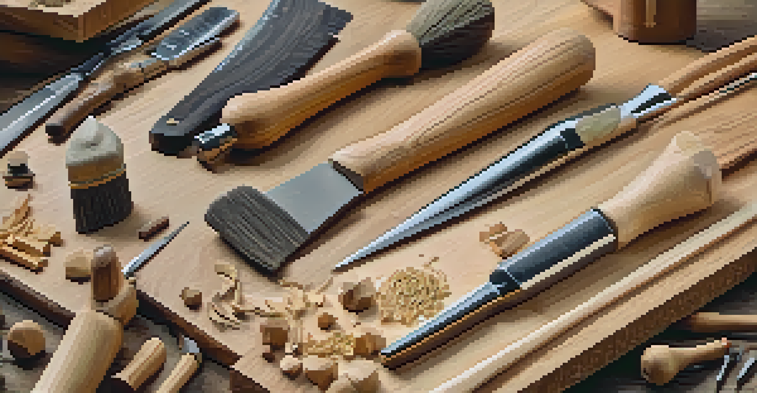 A collection of wood carving tools displayed on a wooden workbench, with wood shavings around them.