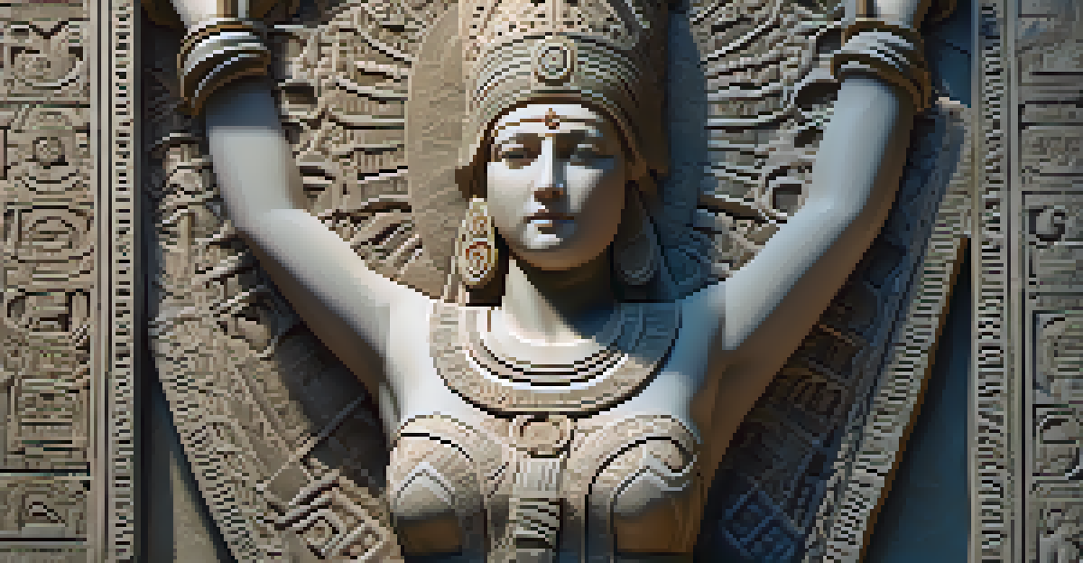 A close-up of a stone relief of the goddess Inanna, showing detailed carving and soft lighting.