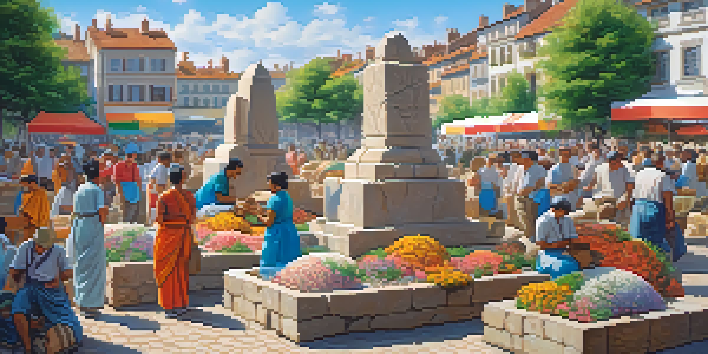 A lively stone carving festival with artisans and spectators in a scenic town setting, showcasing colorful tents and lush surroundings.
