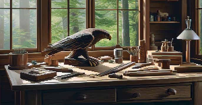 A woodworking workshop with a wooden eagle carving, surrounded by tools and natural light.