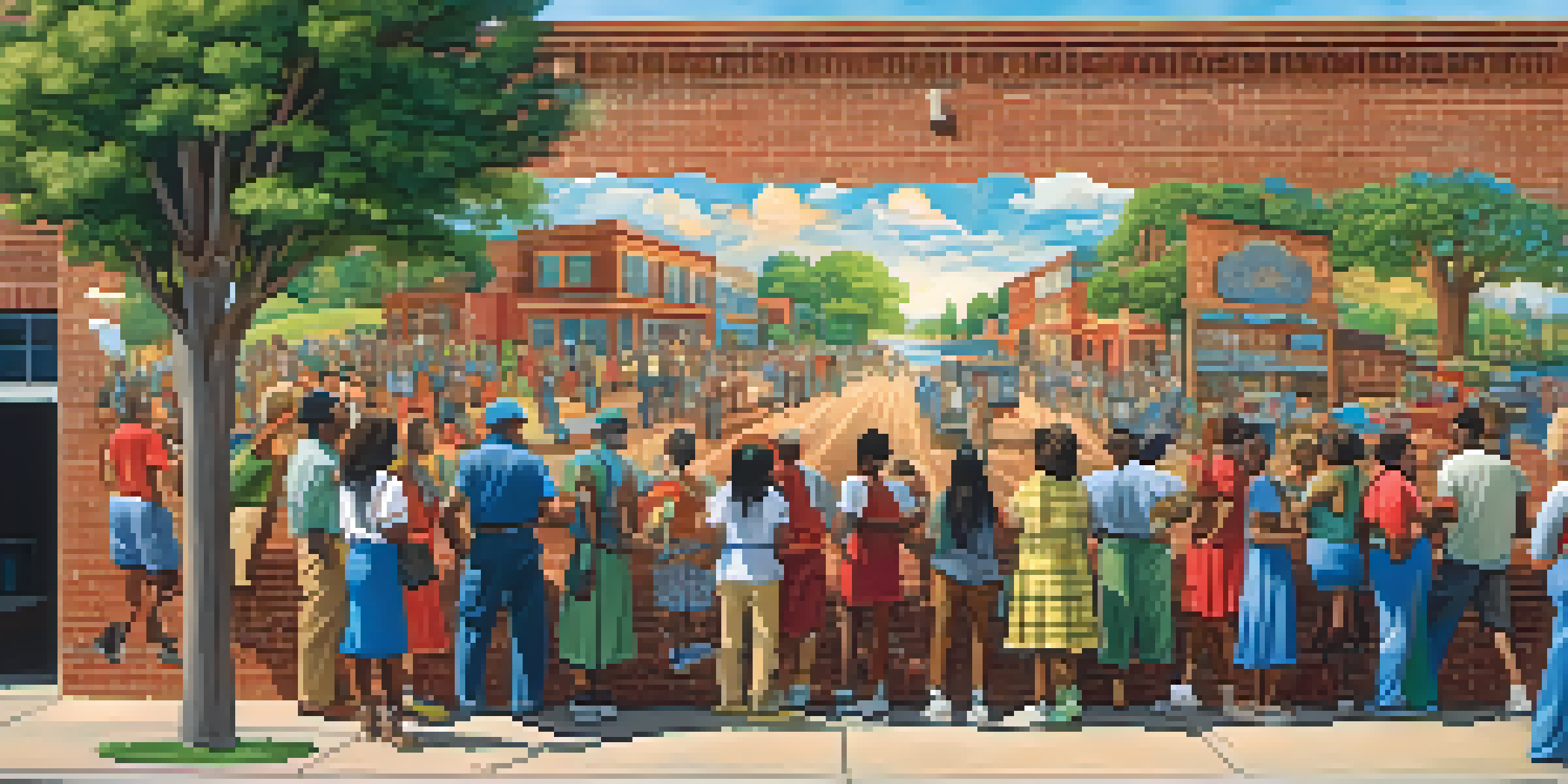 A colorful community mural on a brick wall featuring local heroes and historical events, with diverse community members joyfully painting together in warm sunlight.