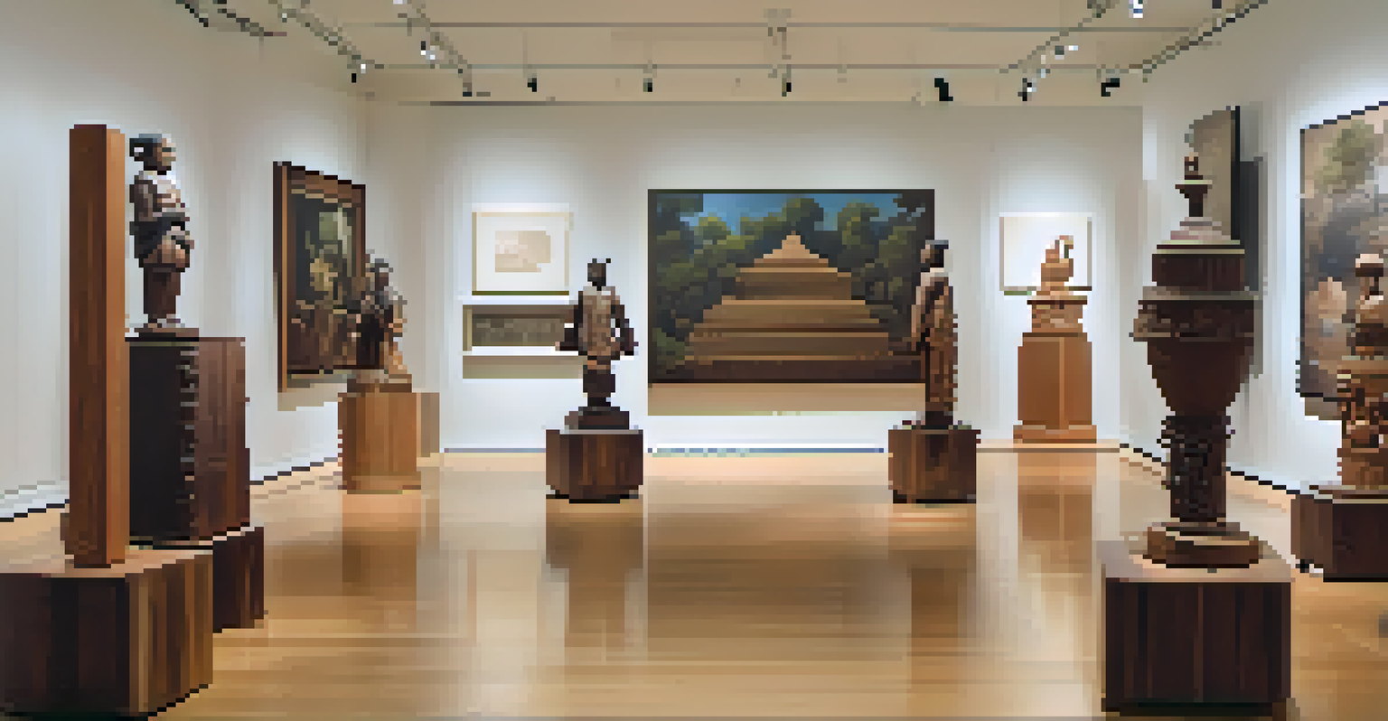 An exhibition space showcasing intricate wood sculptures, with viewers admiring the art and soft spotlighting enhancing the display.