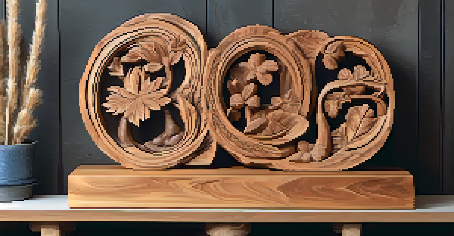 A finished wooden sculpture on a rustic shelf, showcasing intricate carvings and textures.