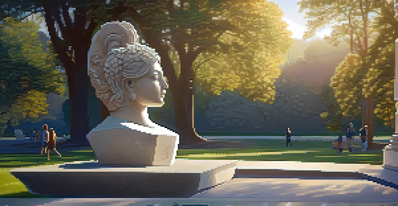 Stone sculpture in a park, featuring intricate carvings illuminated by golden hour light, surrounded by trees and flowers.
