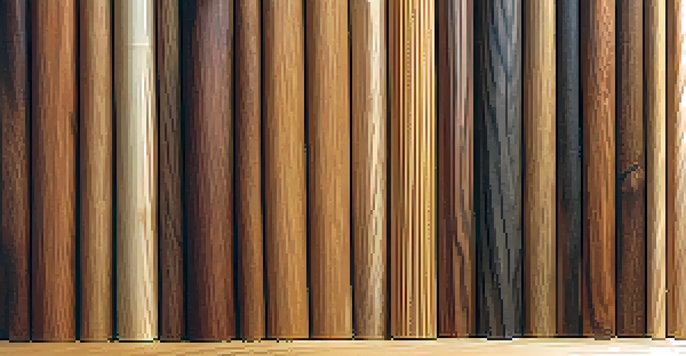 Close-up view of various wood grains on a wooden table, showing different textures and patterns with natural light highlighting the details.