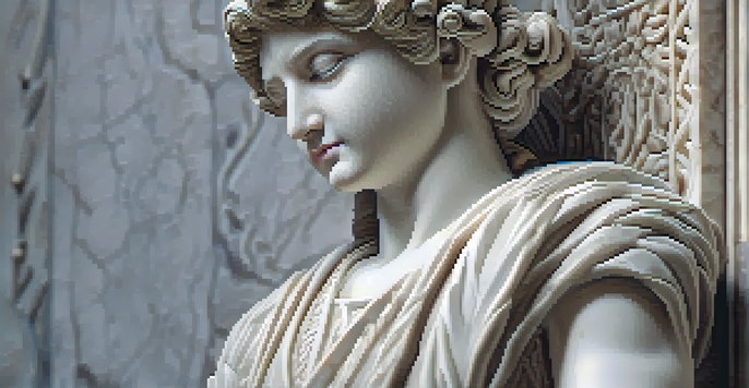 A detailed close-up of a marble statue with intricate carvings, illuminated by soft lighting, highlighting the texture and grain of the stone.