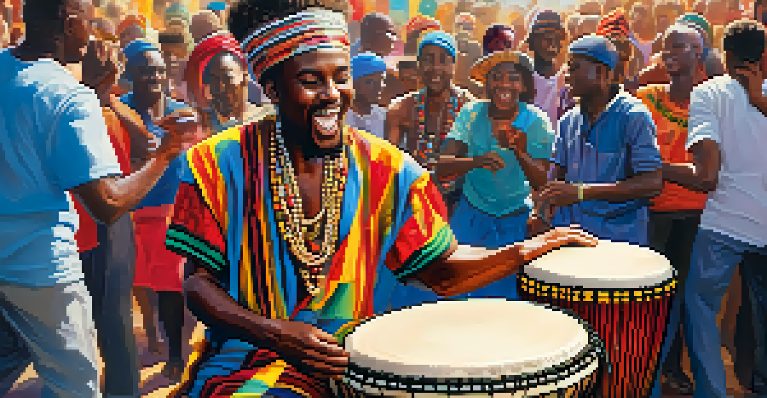 A musician playing a traditional African djembe drum in a vibrant outdoor setting surrounded by an enthusiastic crowd.