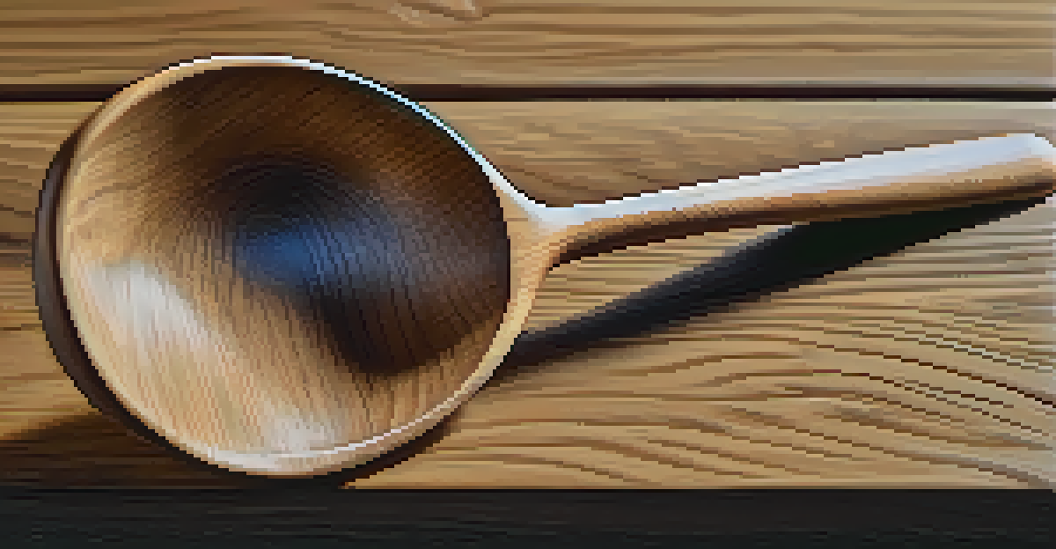 A close-up view of a finely carved wooden spoon on a table, emphasizing its smooth finish and the tools used for crafting.