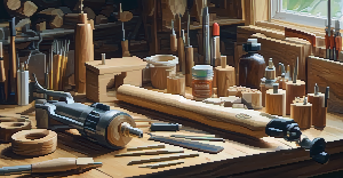 A detailed view of a wood carving workspace with various power tools and wood shavings, illuminated by natural light.