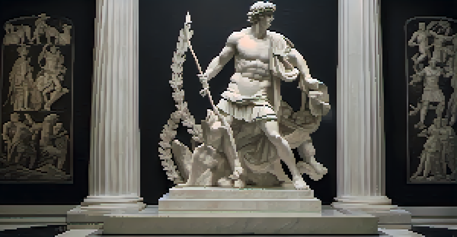 A Greek hero sculpture in contrapposto pose surrounded by laurel wreaths and shields, with dramatic lighting.
