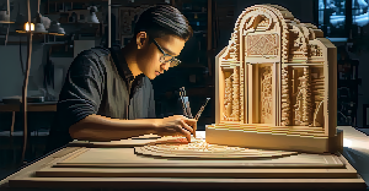An artist operating a 3D printer to create a traditional carving, with modern tools and bright lighting highlighting the fusion of old and new.