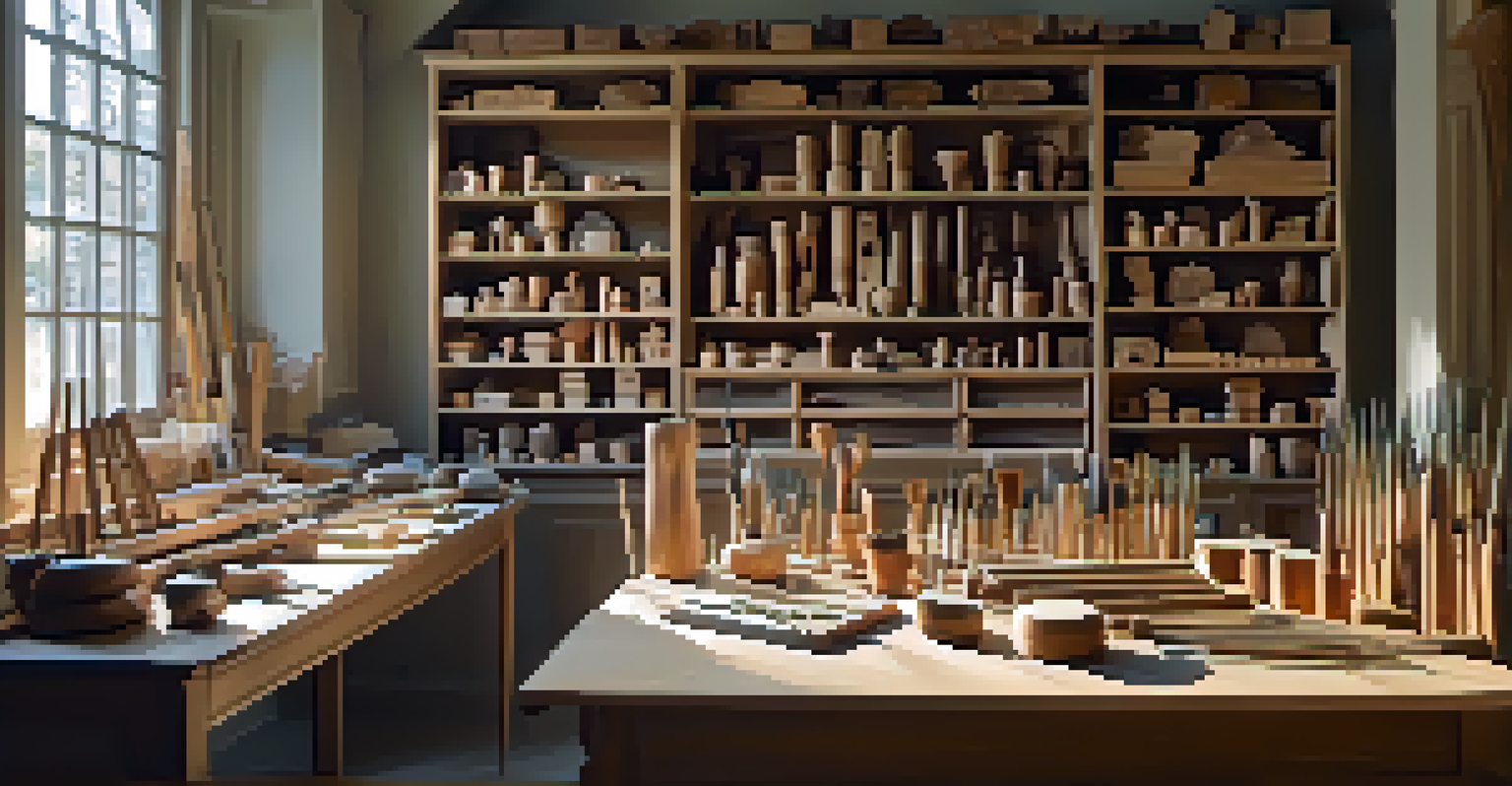 An artisan's workspace with carving tools and materials, featuring a partially carved wooden piece in the foreground and finished works in the background.